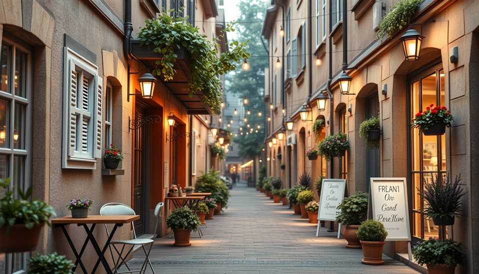 Soft 3D render of A charming European-style alley with outdoor seating, flower pots, and warm string lights, close-up detail with shallow depth of field, misty morning haze, dreamy, 16:9 aspect ratio