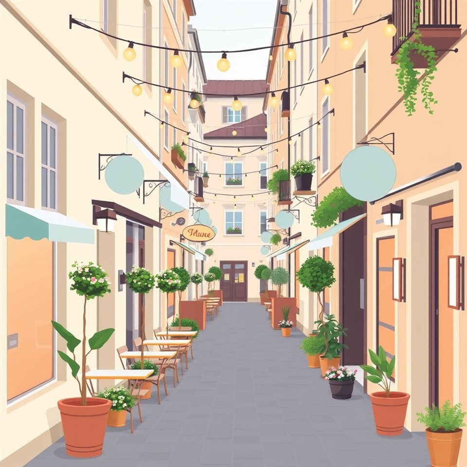 Minimal flat illustration of A charming European-style alley with outdoor seating, flower pots, and warm string lights, high-angle view from above, soft pastel colors, bright and cozy, 1:1 aspect ratio
