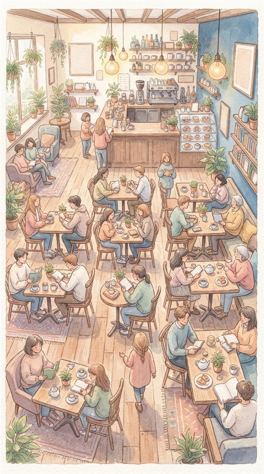Watercolor illustration of cozy cafe interior, high-angle view from above, soft pastel colors, bright and cozy, 9:16 aspect ratio