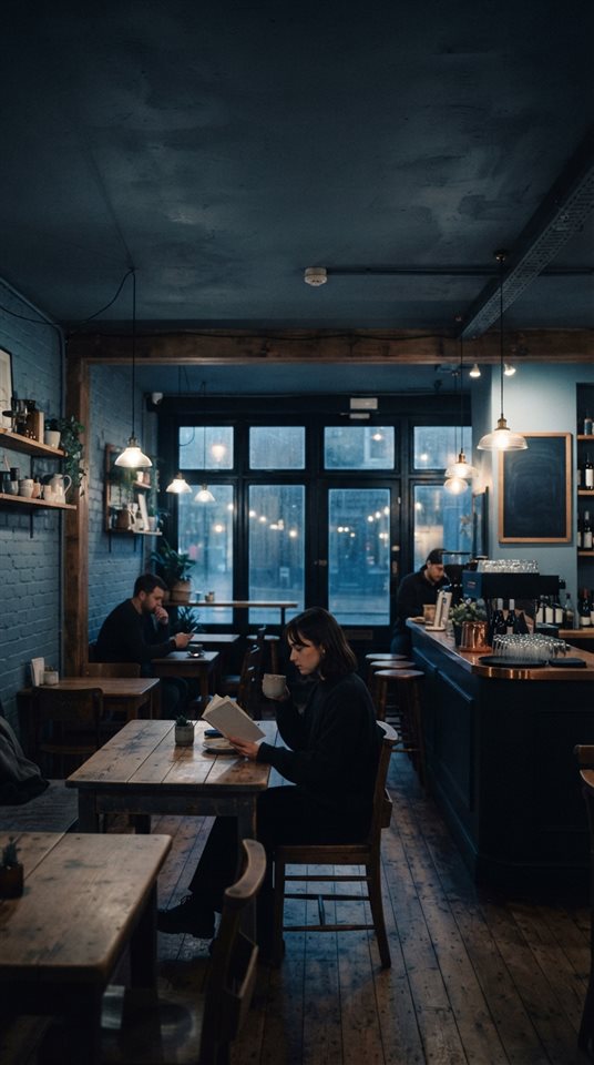 Cinematic film still of cozy cafe interior, wide shot with open space at the top for text, cool blue tones, quiet atmosphere, 9:16 aspect ratio