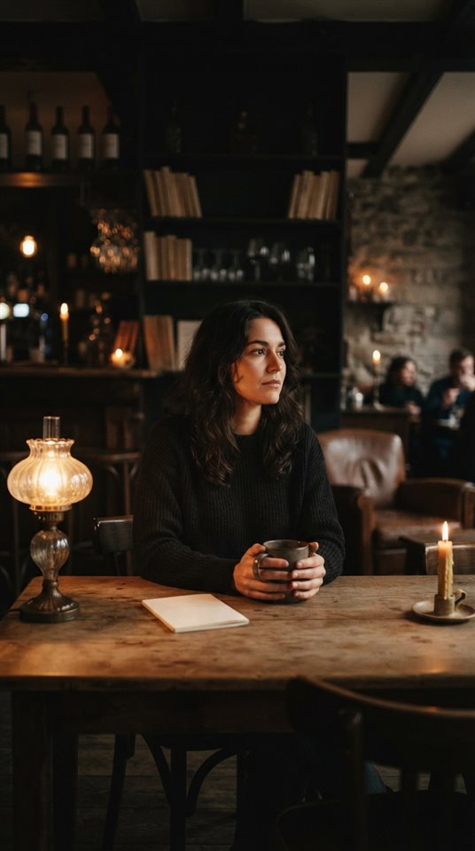 Cinematic film still of cozy cafe interior, centered subject with a simple uncluttered composition, moody dark tones, dramatic lighting, 9:16 aspect ratio