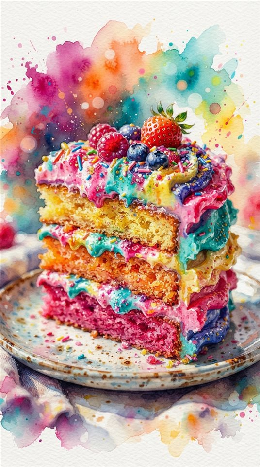 Watercolor illustration of slice of cake, close-up detail with shallow depth of field, vivid colors, high contrast, energetic, 9:16 aspect ratio