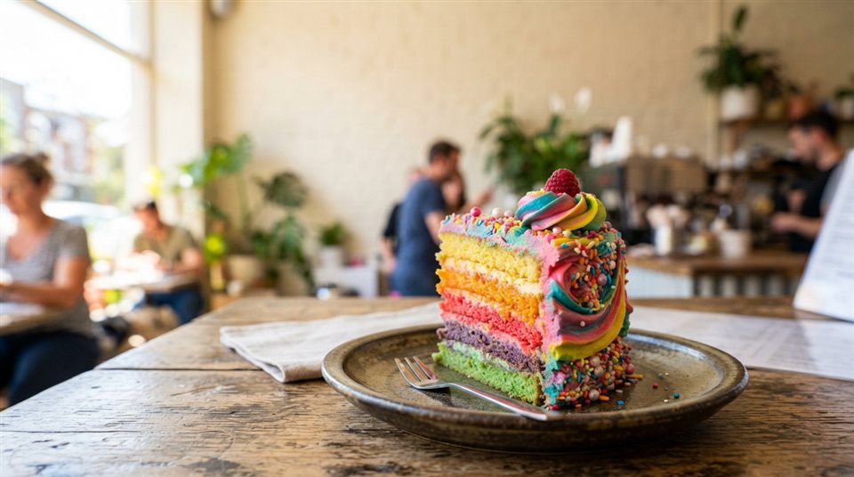 Photorealistic photo of slice of cake, wide shot with open space at the top for text, vivid colors, high contrast, energetic, 16:9 aspect ratio