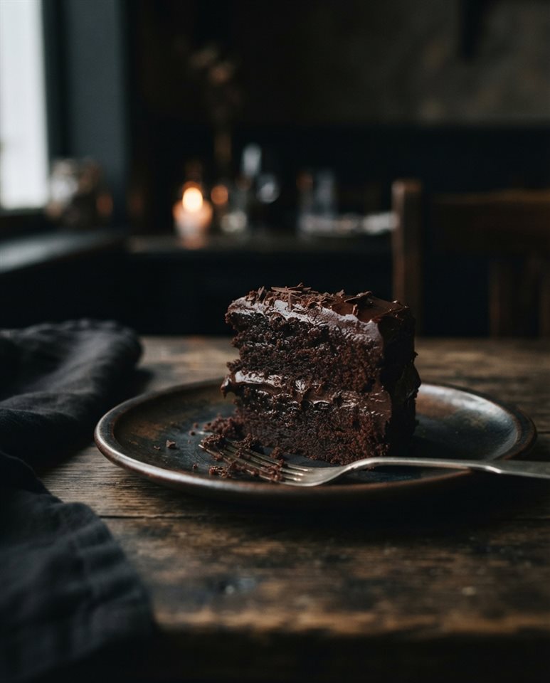 Cinematic film still of slice of cake, close-up detail with shallow depth of field, moody dark tones, dramatic lighting, 4:5 aspect ratio
