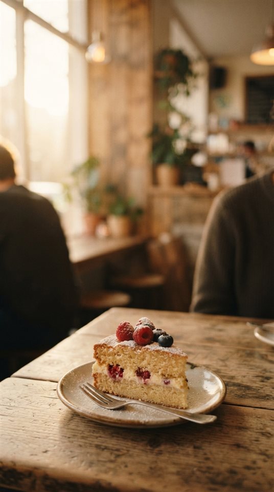 Cinematic film still of slice of cake, wide shot with open space at the top for text, warm golden light, calm mood, 9:16 aspect ratio