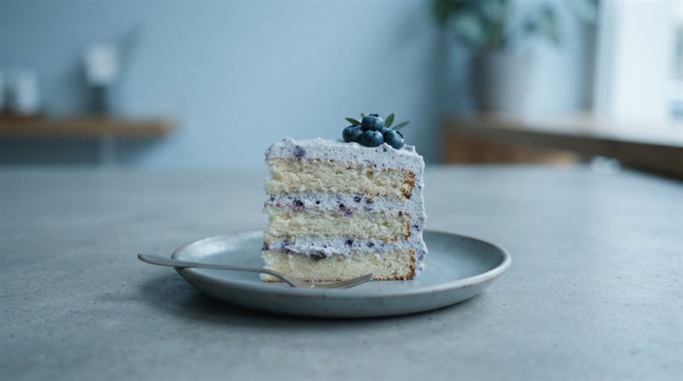 Photorealistic photo of slice of cake, centered subject with a simple uncluttered composition, cool blue tones, quiet atmosphere, 16:9 aspect ratio