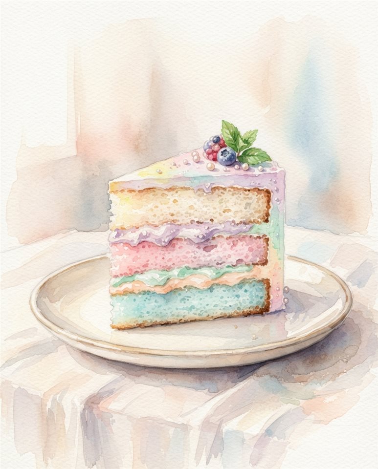Watercolor illustration of slice of cake, centered subject with a simple uncluttered composition, soft pastel colors, bright and cozy, 4:5 aspect ratio