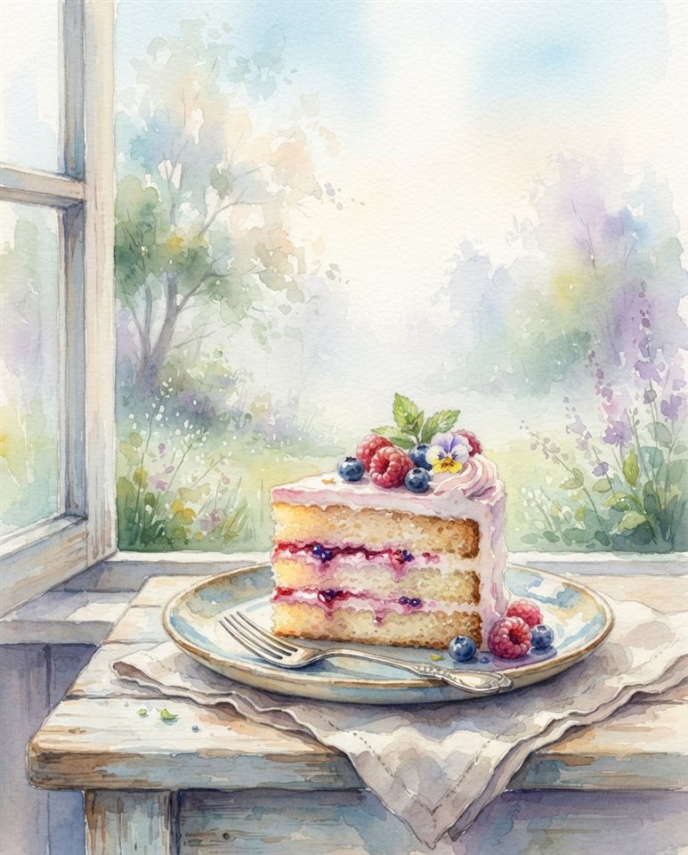 Watercolor illustration of slice of cake, wide shot with open space at the top for text, misty morning haze, dreamy, 4:5 aspect ratio