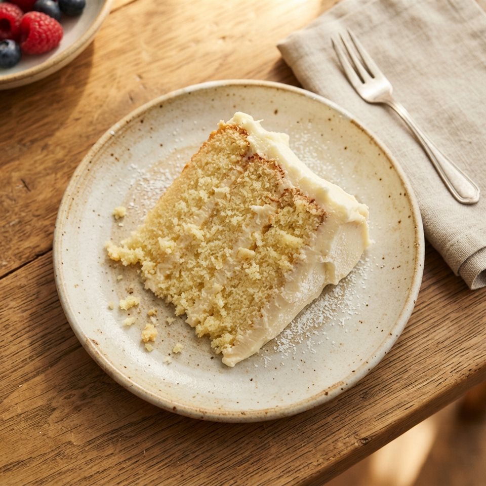 Photorealistic photo of slice of cake, high-angle view from above, warm golden light, calm mood, 1:1 aspect ratio