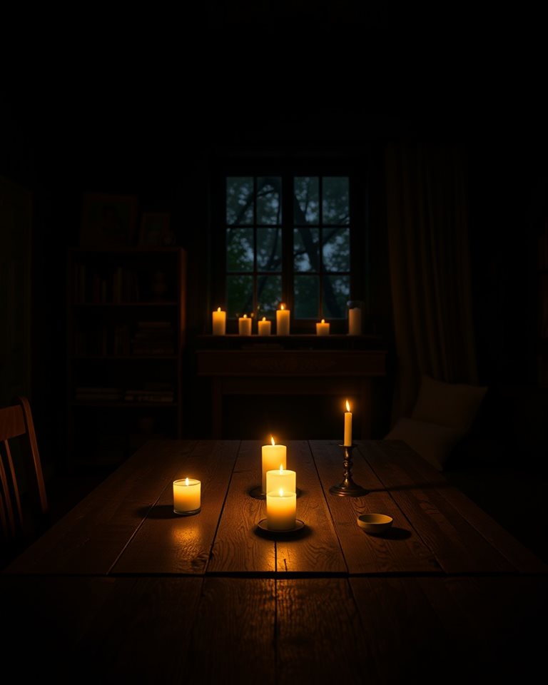 Photorealistic photo of A cozy room illuminated by warm candlelight on a wooden table, creating a peaceful and moody atmosphere, wide shot with open space at the top for text, moody dark tones, dramatic lighting, 4:5 aspect ratio