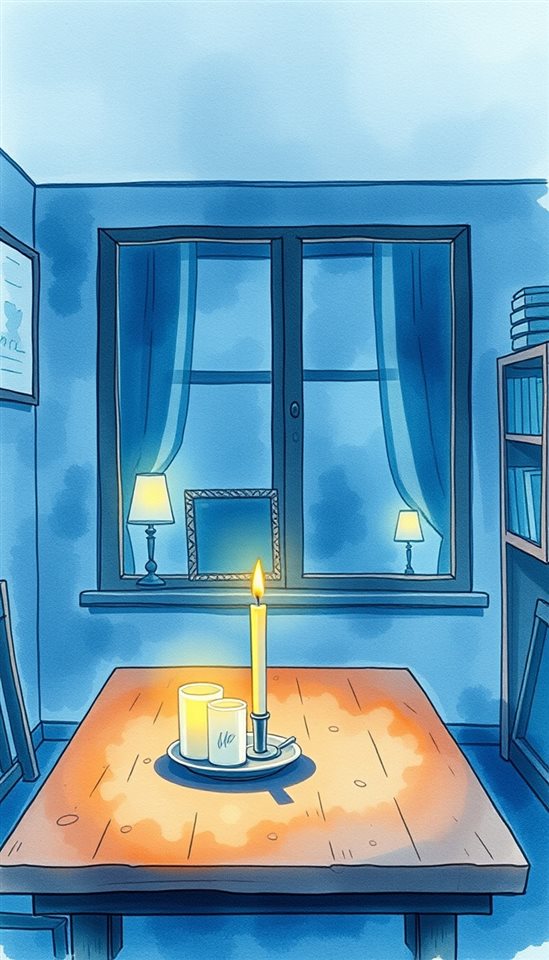 Watercolor illustration of A cozy room illuminated by warm candlelight on a wooden table, creating a peaceful and moody atmosphere, centered subject with a simple uncluttered composition, cool blue tones, quiet atmosphere, 9:16 aspect ratio