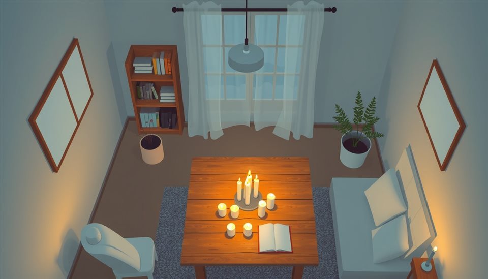 Minimal flat illustration of A cozy room illuminated by warm candlelight on a wooden table, creating a peaceful and moody atmosphere, high-angle view from above, soft pastel colors, bright and cozy, 16:9 aspect ratio