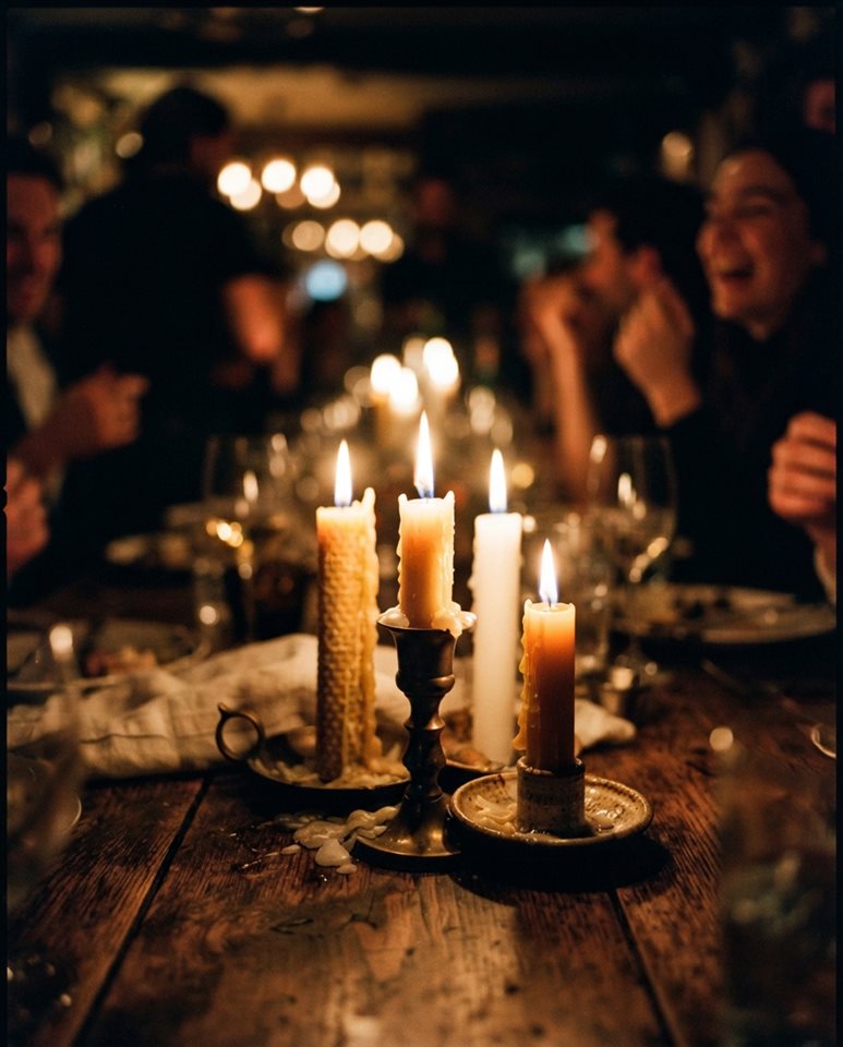 Cinematic film still of glowing candles on a table, close-up detail with shallow depth of field, vivid colors, high contrast, energetic, 4:5 aspect ratio