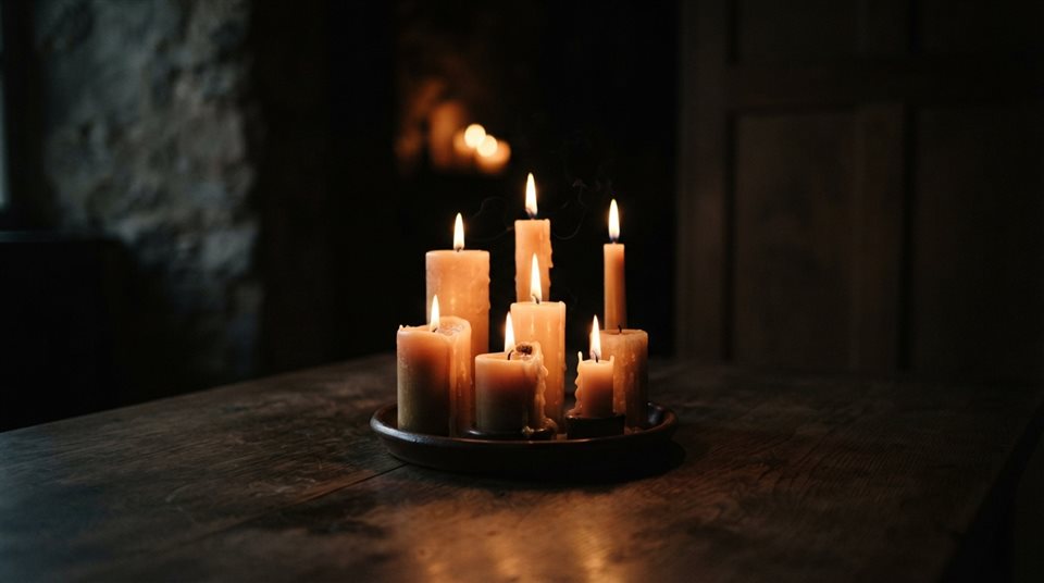 Photorealistic photo of glowing candles on a table, centered subject with a simple uncluttered composition, moody dark tones, dramatic lighting, 16:9 aspect ratio