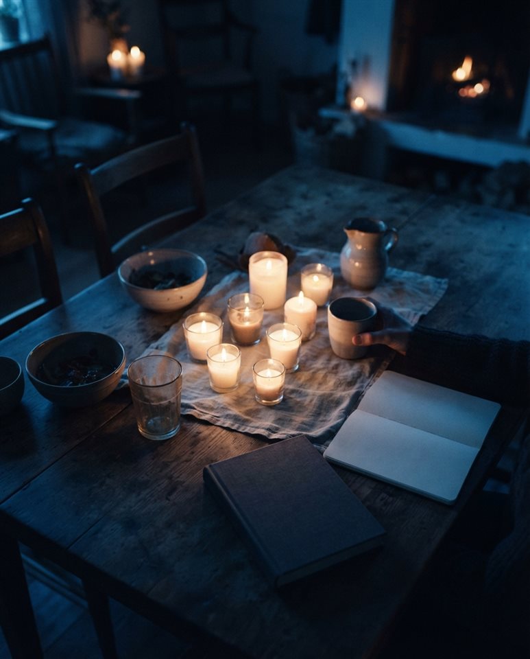 Cinematic film still of glowing candles on a table, high-angle view from above, cool blue tones, quiet atmosphere, 4:5 aspect ratio