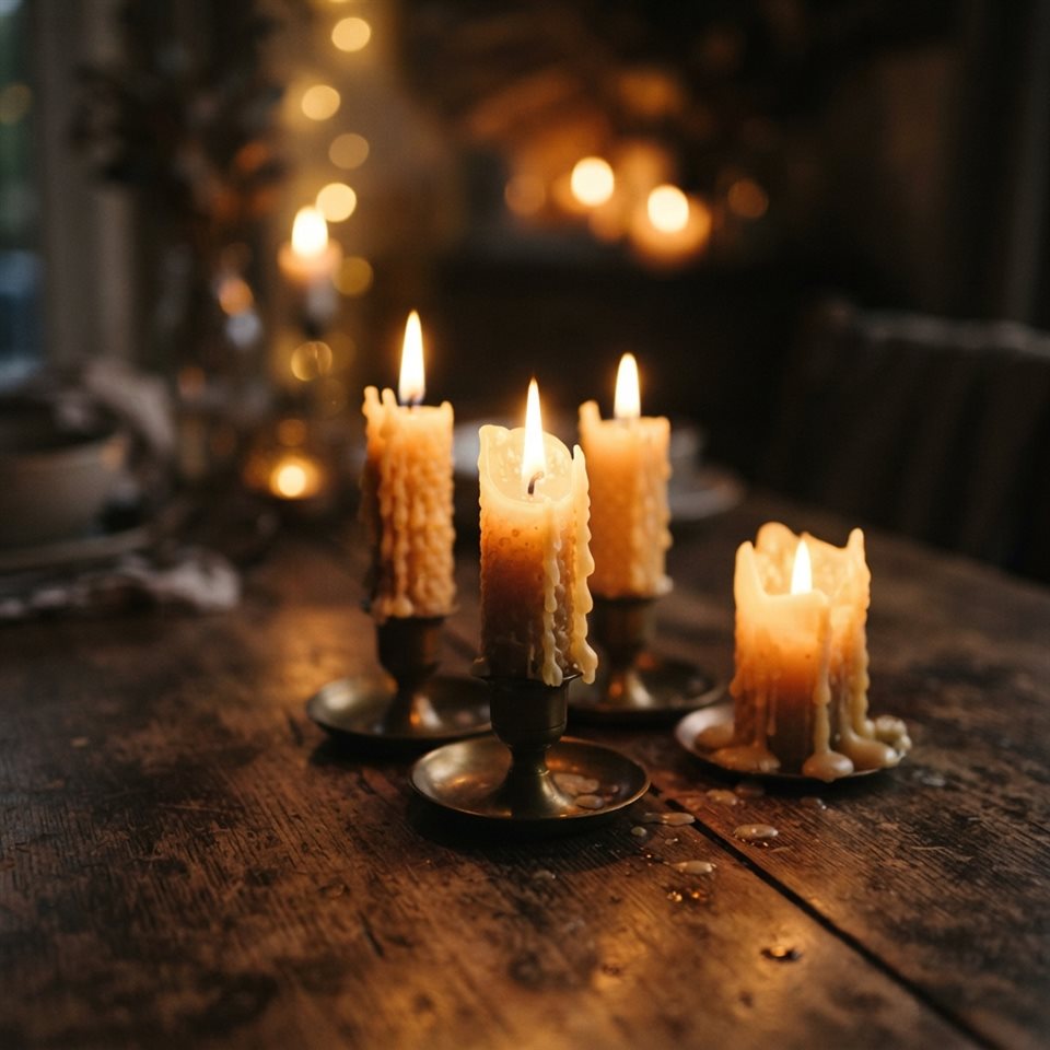Photorealistic photo of glowing candles on a table, close-up detail with shallow depth of field, warm golden light, calm mood, 1:1 aspect ratio