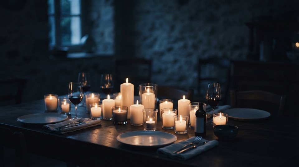 Photorealistic photo of glowing candles on a table, wide shot with open space at the top for text, cool blue tones, quiet atmosphere, 16:9 aspect ratio