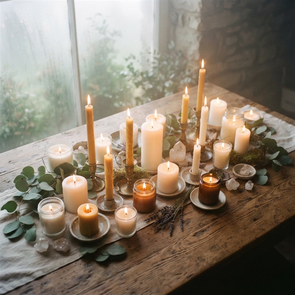 Photorealistic photo of glowing candles on a table, high-angle view from above, misty morning haze, dreamy, 1:1 aspect ratio