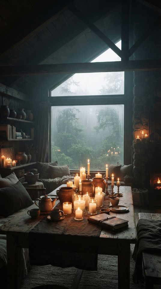 Cinematic film still of glowing candles on a table, wide shot with open space at the top for text, misty morning haze, dreamy, 9:16 aspect ratio