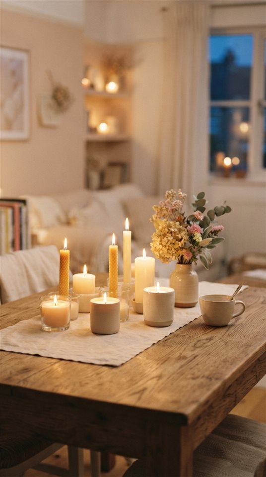 Cinematic film still of glowing candles on a table, centered subject with a simple uncluttered composition, soft pastel colors, bright and cozy, 9:16 aspect ratio