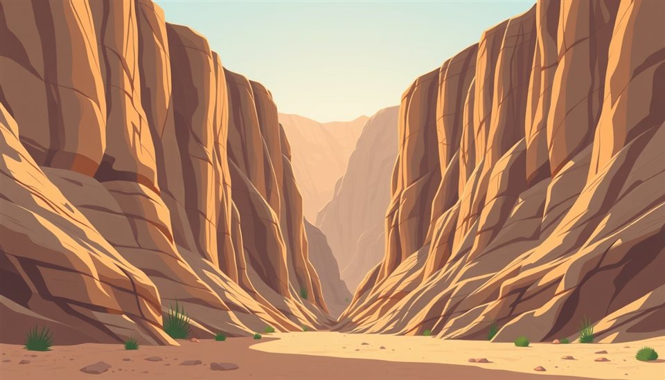 Minimal flat illustration of A majestic deep sandstone canyon with dramatic sunlight hitting the rugged cliff walls, centered subject with a simple uncluttered composition, soft pastel colors, bright and cozy, 16:9 aspect ratio