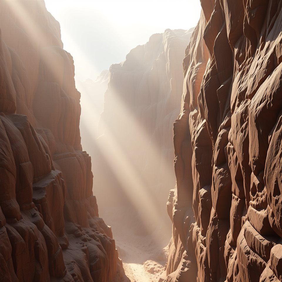 Soft 3D render of A majestic deep sandstone canyon with dramatic sunlight hitting the rugged cliff walls, wide shot with open space at the top for text, misty morning haze, dreamy, 1:1 aspect ratio