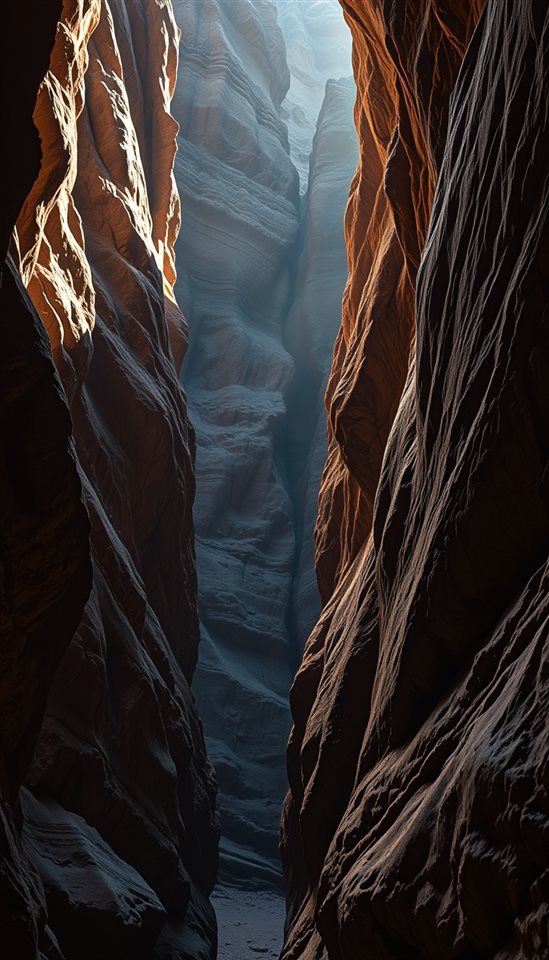 Photorealistic photo of A majestic deep sandstone canyon with dramatic sunlight hitting the rugged cliff walls, close-up detail with shallow depth of field, moody dark tones, dramatic lighting, 9:16 aspect ratio