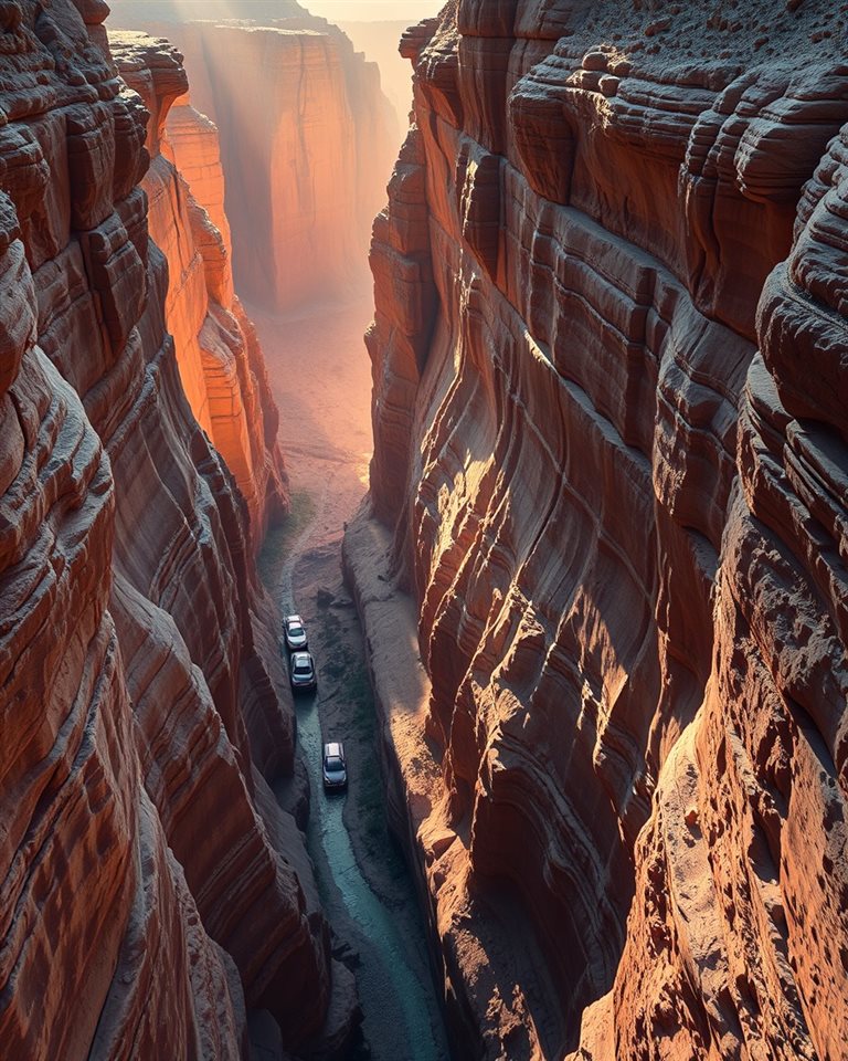Cinematic film still of A majestic deep sandstone canyon with dramatic sunlight hitting the rugged cliff walls, high-angle view from above, vivid colors, high contrast, energetic, 4:5 aspect ratio