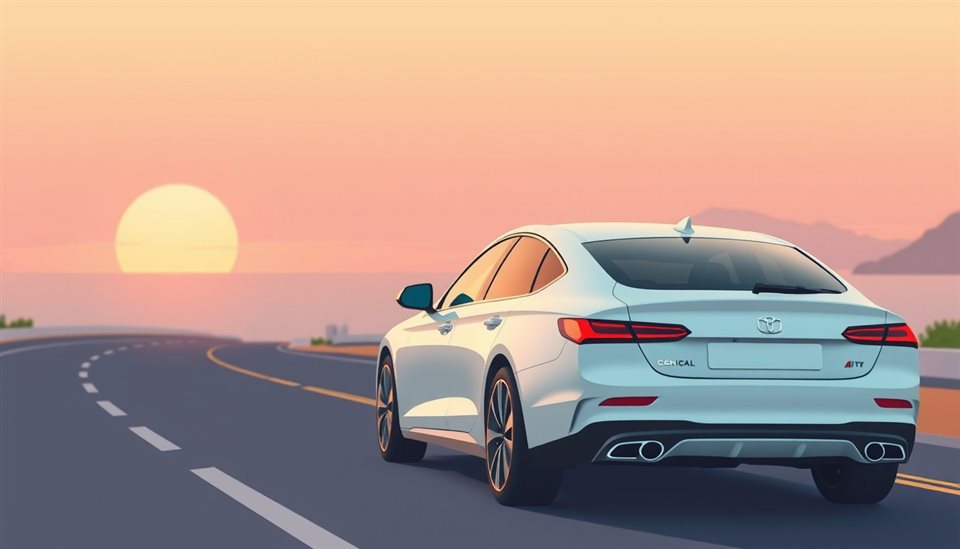 Minimal flat illustration of A sleek modern car parked peacefully on a scenic coastal road at sunset, close-up detail with shallow depth of field, soft pastel colors, bright and cozy, 16:9 aspect ratio