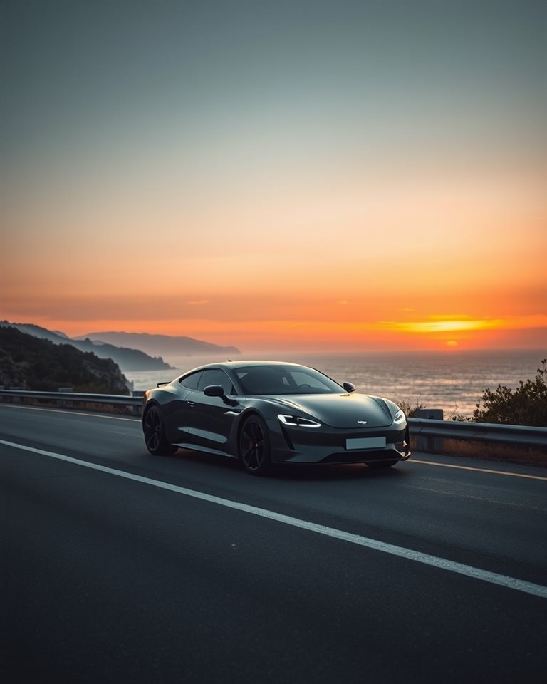 Photorealistic photo of A sleek modern car parked peacefully on a scenic coastal road at sunset, centered subject with a simple uncluttered composition, moody dark tones, dramatic lighting, 4:5 aspect ratio