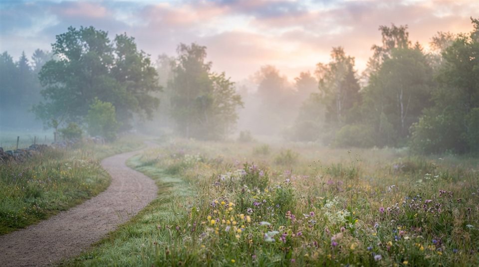 Soft photorealistic background photo of simple colorful background with a large empty area for text, simple balanced layout, misty morning haze, dreamy, 16:9 aspect ratio
