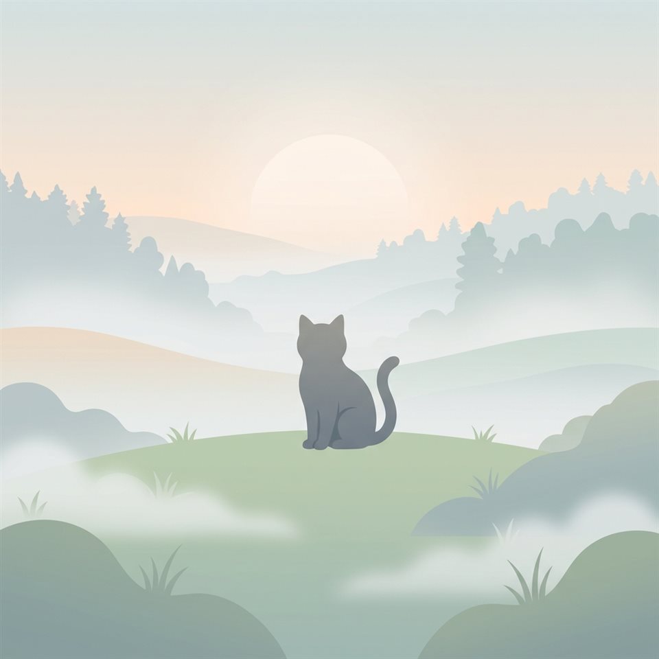Ilustração plana minimalista de gato, assunto centralizado com uma composição simples e limpa, névoa matinal, sonhado, proporção 1:1