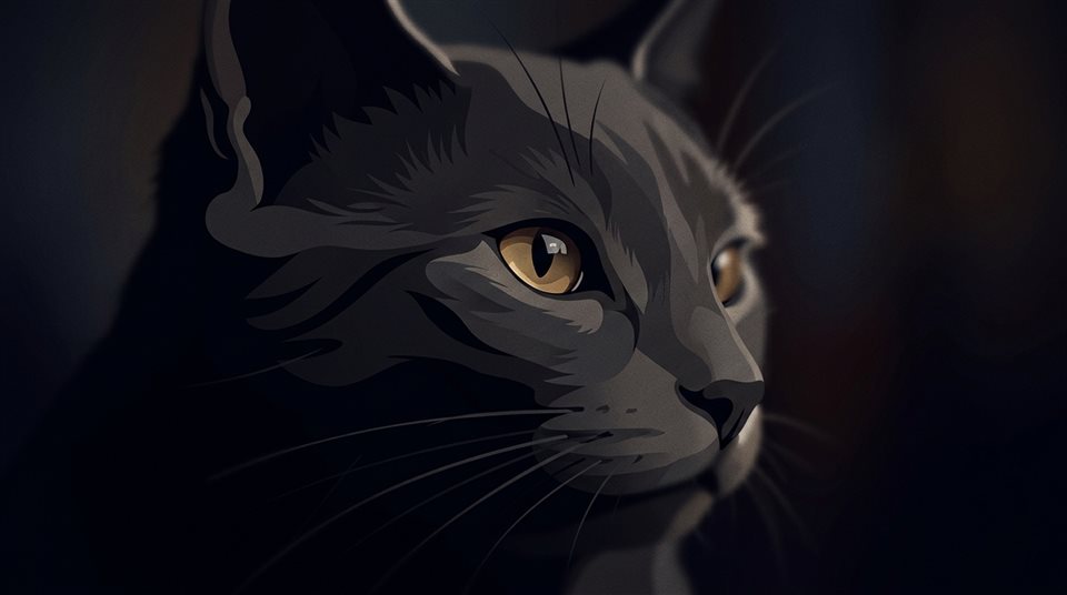 Ilustración plana minimalista de gato, detalle en primer plano con poca profundidad de campo, tonos oscuros melancólicos, iluminación dramática, relación de aspecto 16:9