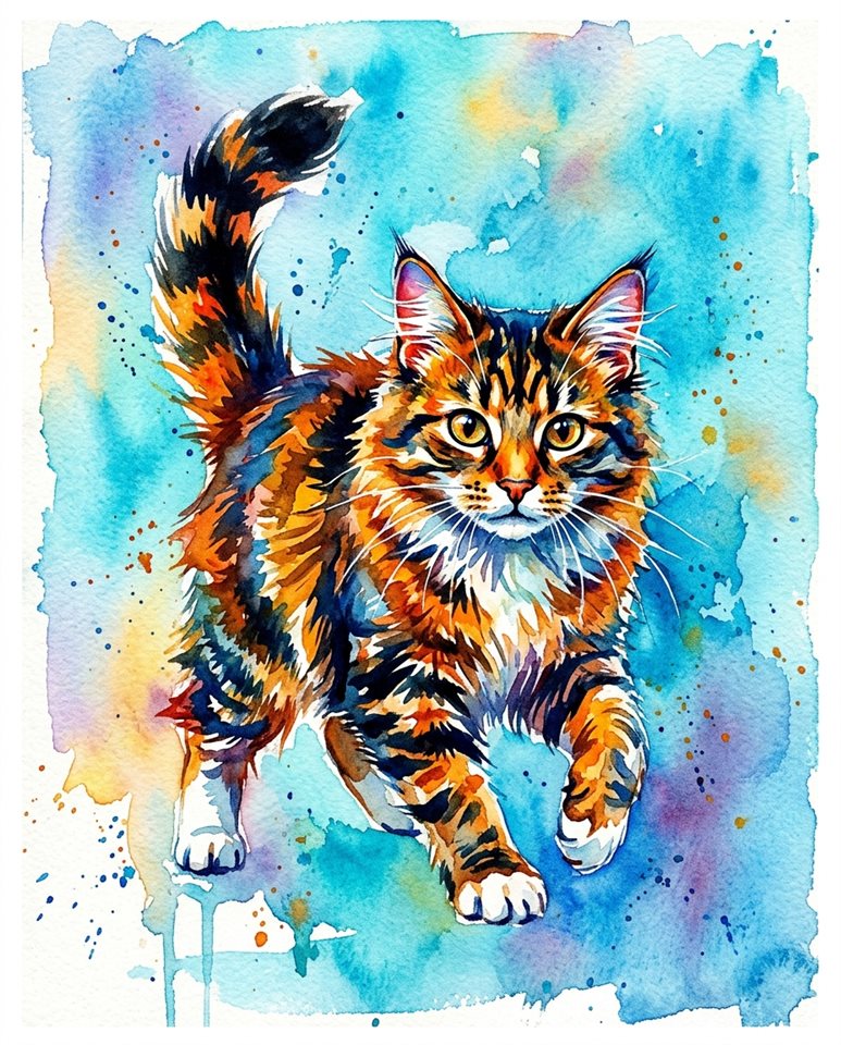 Ilustración en acuarela de un gato, sujeto centrado con una composición simple y despejada, colores vivos, alto contraste, enérgico, relación de aspecto 4:5