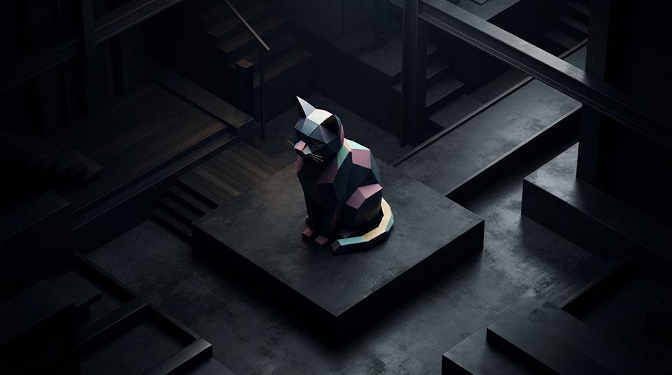 Photorealistic photo of Isometric 3d vector of cat, high-angle view from above, clean white background, vibrant pastel colors, modern and professional, 16:9 aspect ratio, high-angle view from above, moody dark tones, dramatic lighting, 16:9 aspect ratio