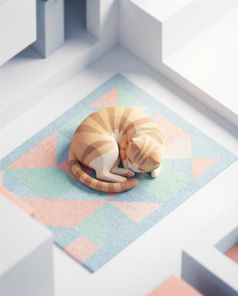 Cinematic film still of Isometric 3d vector of cat, high-angle view from above, clean white background, vibrant pastel colors, modern and professional, 16:9 aspect ratio, close-up detail with shallow depth of field, vivid colors, high contrast, energetic, 4:5 aspect ratio