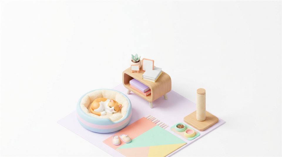 Minimal flat illustration of Isometric 3d vector of cat, high-angle view from above, clean white background, vibrant pastel colors, modern and professional, 16:9 aspect ratio, wide shot with open space at the top for text, soft pastel colors, bright and cozy, 16:9 aspect ratio