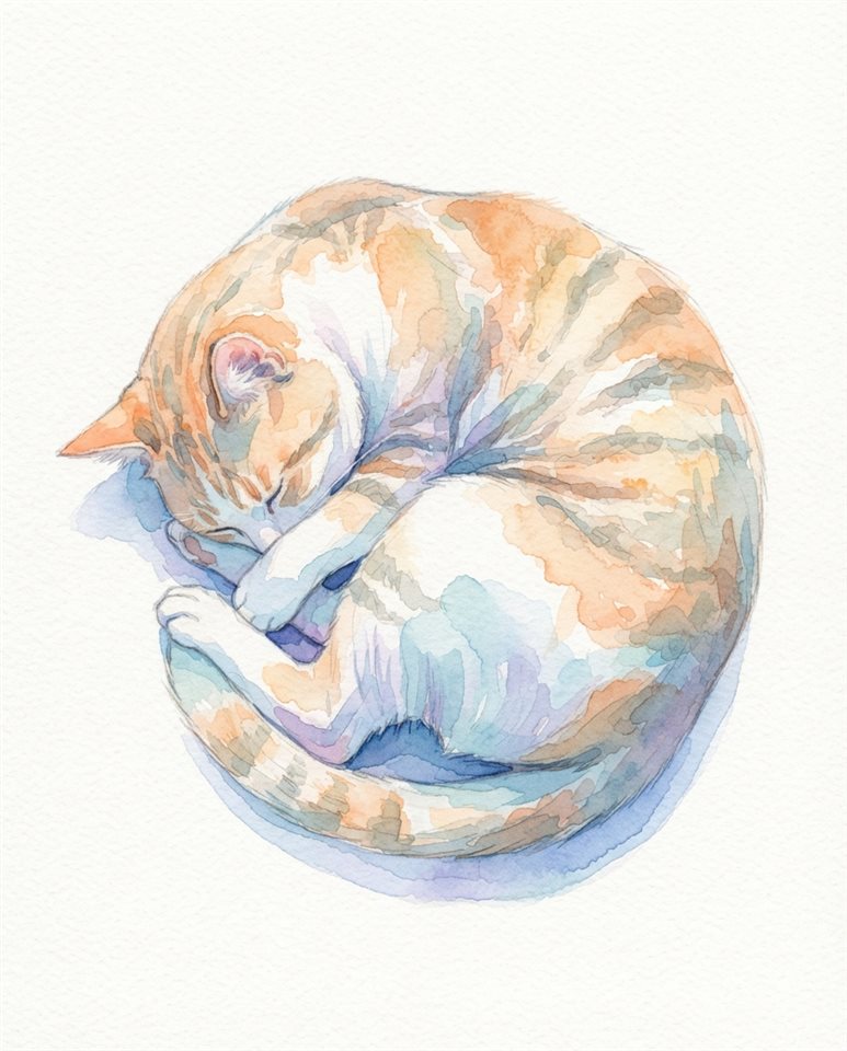 Watercolor illustration of Isometric 3d vector of cat, high-angle view from above, clean white background, vibrant pastel colors, modern and professional, 16:9 aspect ratio, close-up detail with shallow depth of field, cool blue tones, quiet atmosphere, 4:5 aspect ratio