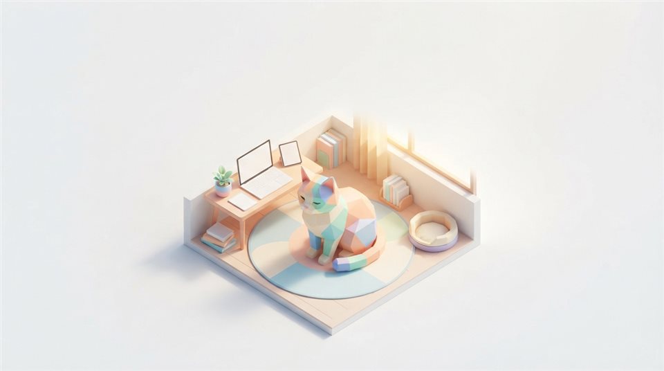 Photorealistic photo of Isometric 3d vector of cat, high-angle view from above, clean white background, vibrant pastel colors, modern and professional, 16:9 aspect ratio, wide shot with open space at the top for text, warm golden light, calm mood, 16:9 aspect ratio