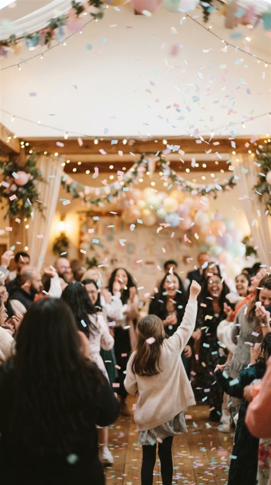 Cinematic film still of colorful confetti falling, wide shot with open space at the top for text, soft pastel colors, bright and cozy, 9:16 aspect ratio