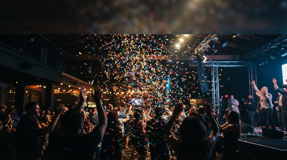 Photorealistic photo of colorful confetti falling, wide shot with open space at the top for text, moody dark tones, dramatic lighting, 16:9 aspect ratio