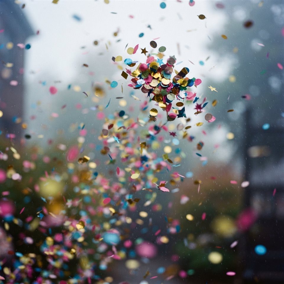 Photorealistic photo of colorful confetti falling, close-up detail with shallow depth of field, misty morning haze, dreamy, 1:1 aspect ratio