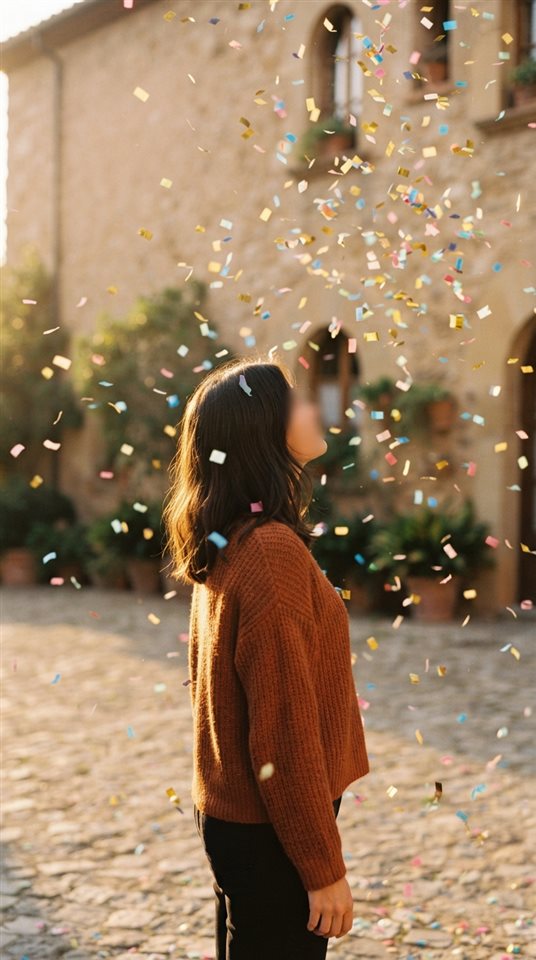 Cinematic film still of colorful confetti falling, centered subject with a simple uncluttered composition, warm golden light, calm mood, 9:16 aspect ratio