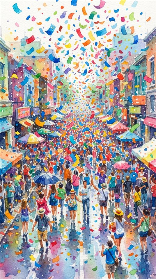 Watercolor illustration of colorful confetti falling, high-angle view from above, vivid colors, high contrast, energetic, 9:16 aspect ratio