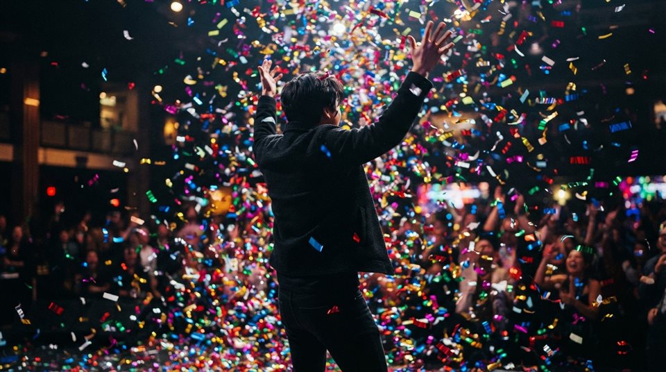 Photorealistic photo of colorful confetti falling, centered subject with a simple uncluttered composition, vivid colors, high contrast, energetic, 16:9 aspect ratio