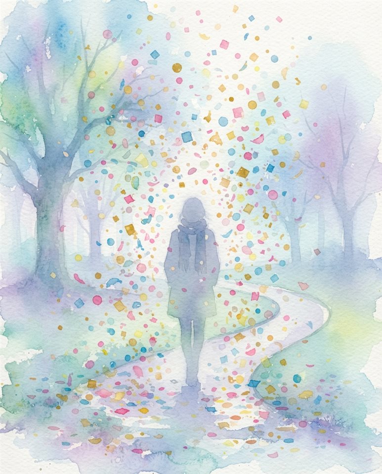 Watercolor illustration of colorful confetti falling, centered subject with a simple uncluttered composition, misty morning haze, dreamy, 4:5 aspect ratio