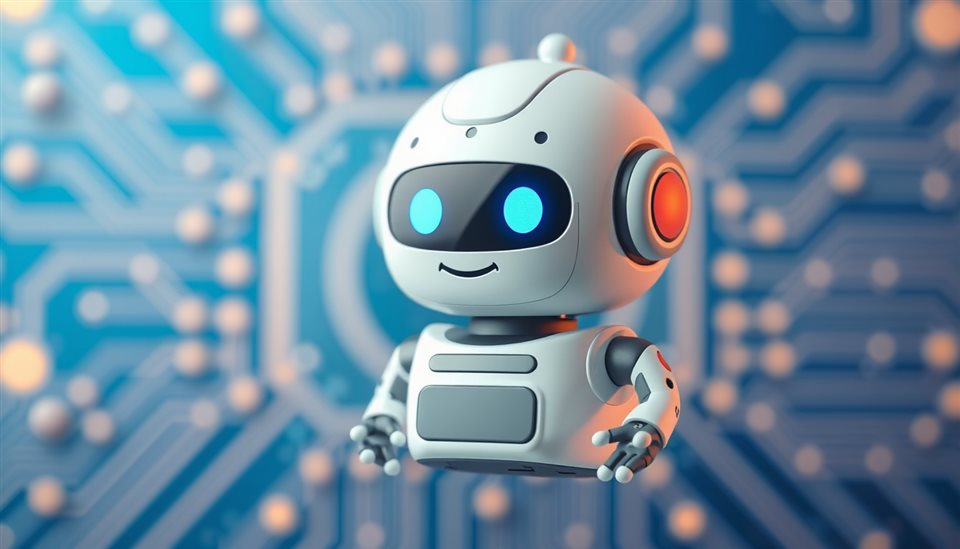 Minimal flat illustration of A friendly futuristic digital assistant robot icon floating against a modern blue technological circuit background., close-up detail with shallow depth of field, soft pastel colors, bright and cozy, 16:9 aspect ratio
