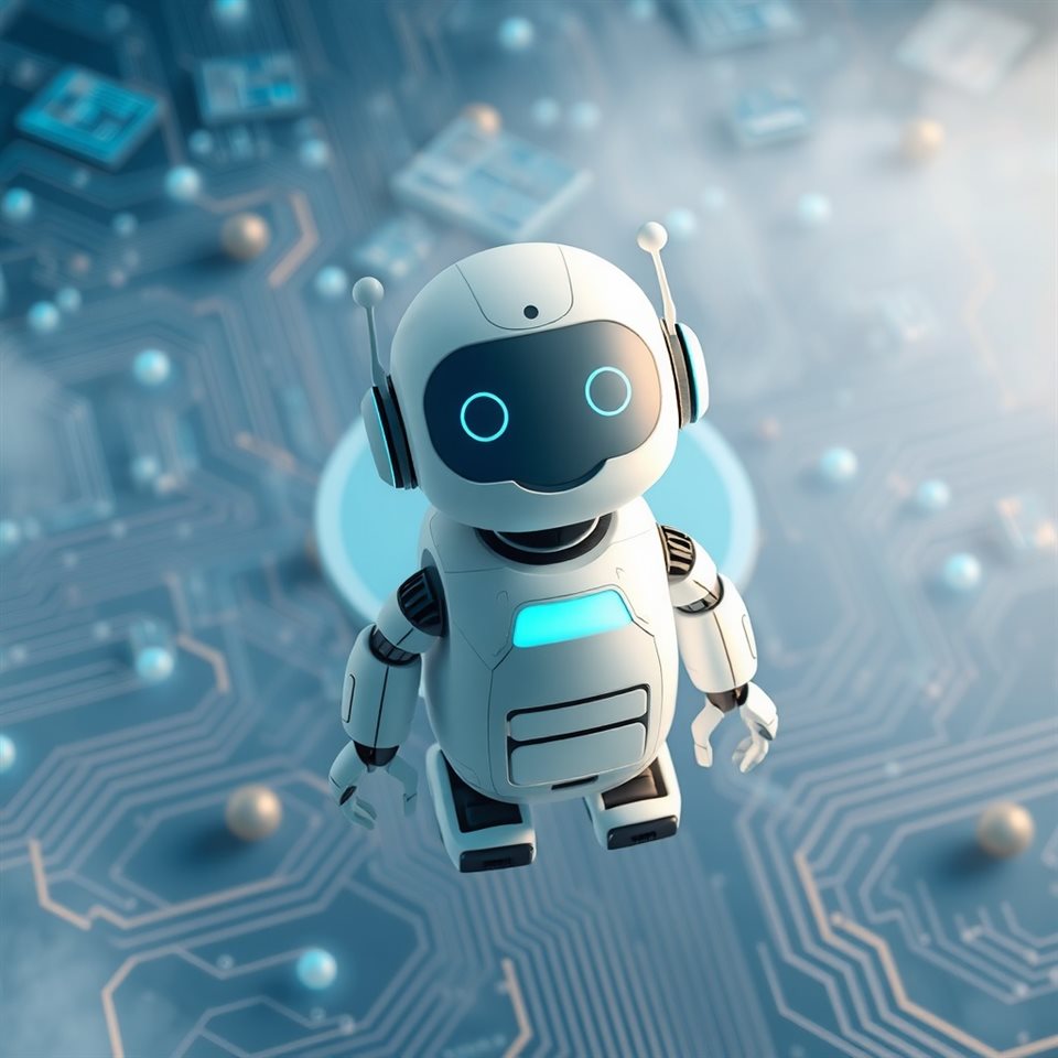 현대적인 파란색 회로 배경에 떠 있는 친근한 미래형 디지털 AI 로봇 아이콘, 부드러운 3D 렌더링, 위에서 내려다본 구도, 아침 안개, 몽환적인 분위기, 1:1 비율