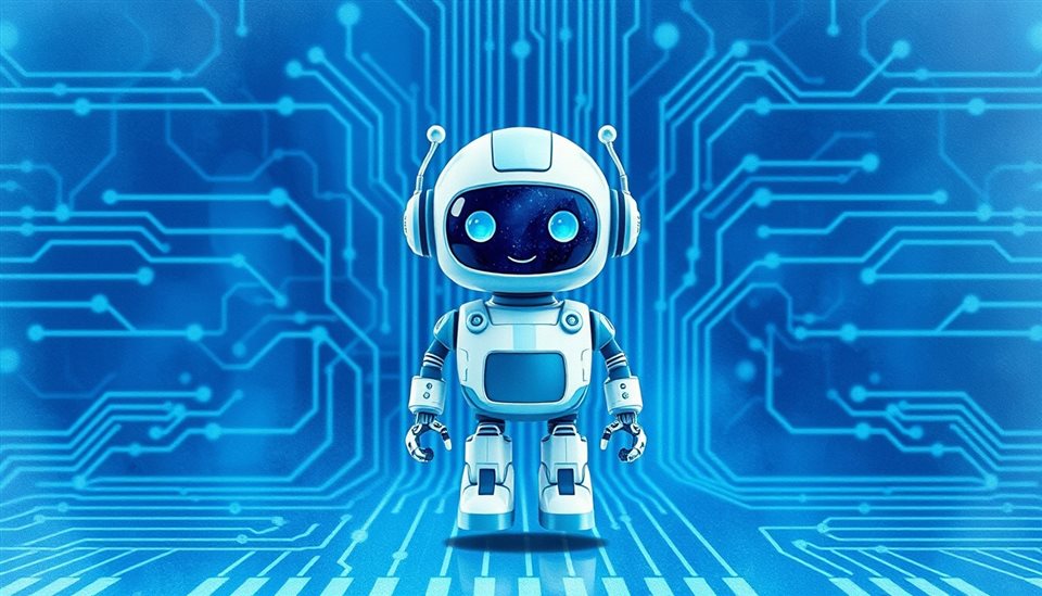현대적인 파란색 회로 배경에 떠 있는 친근한 미래형 디지털 AI 로봇 아이콘, 수채화 일러스트, 위쪽에 글자 넣을 여백이 있는 넓은 구도, 차가운 푸른 톤, 고요한 분위기, 16:9 비율