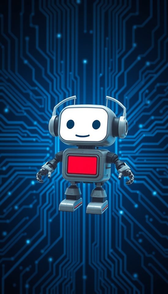 Photorealistic photo of A friendly futuristic digital assistant robot icon floating against a modern blue technological circuit background., wide shot with open space at the top for text, moody dark tones, dramatic lighting, 9:16 aspect ratio